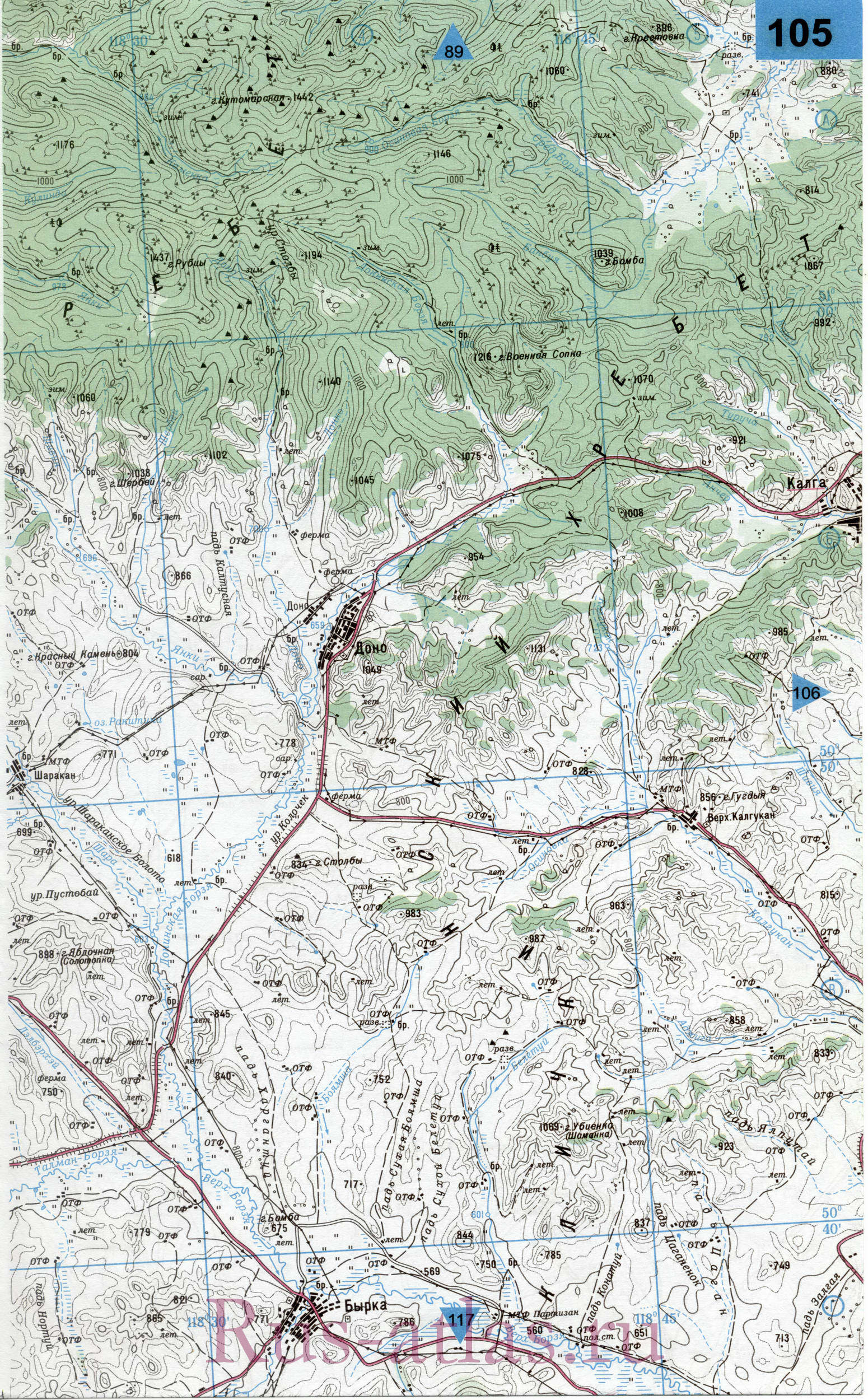Калганский район Читинской области - карта топографическая масштаба 1см:2км, A0 - 