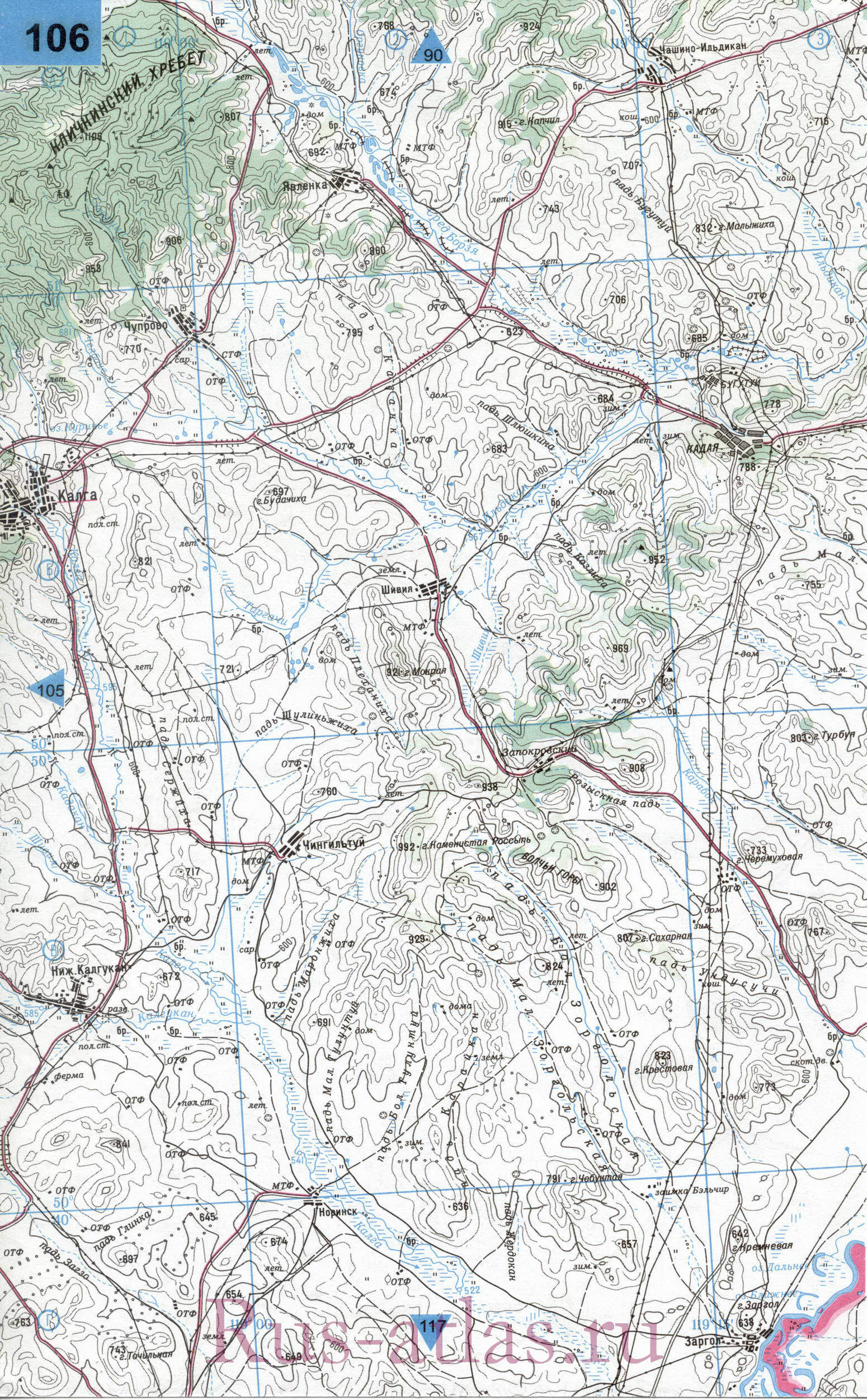Калганский район Читинской области - карта топографическая масштаба 1см:2км, B0 - 